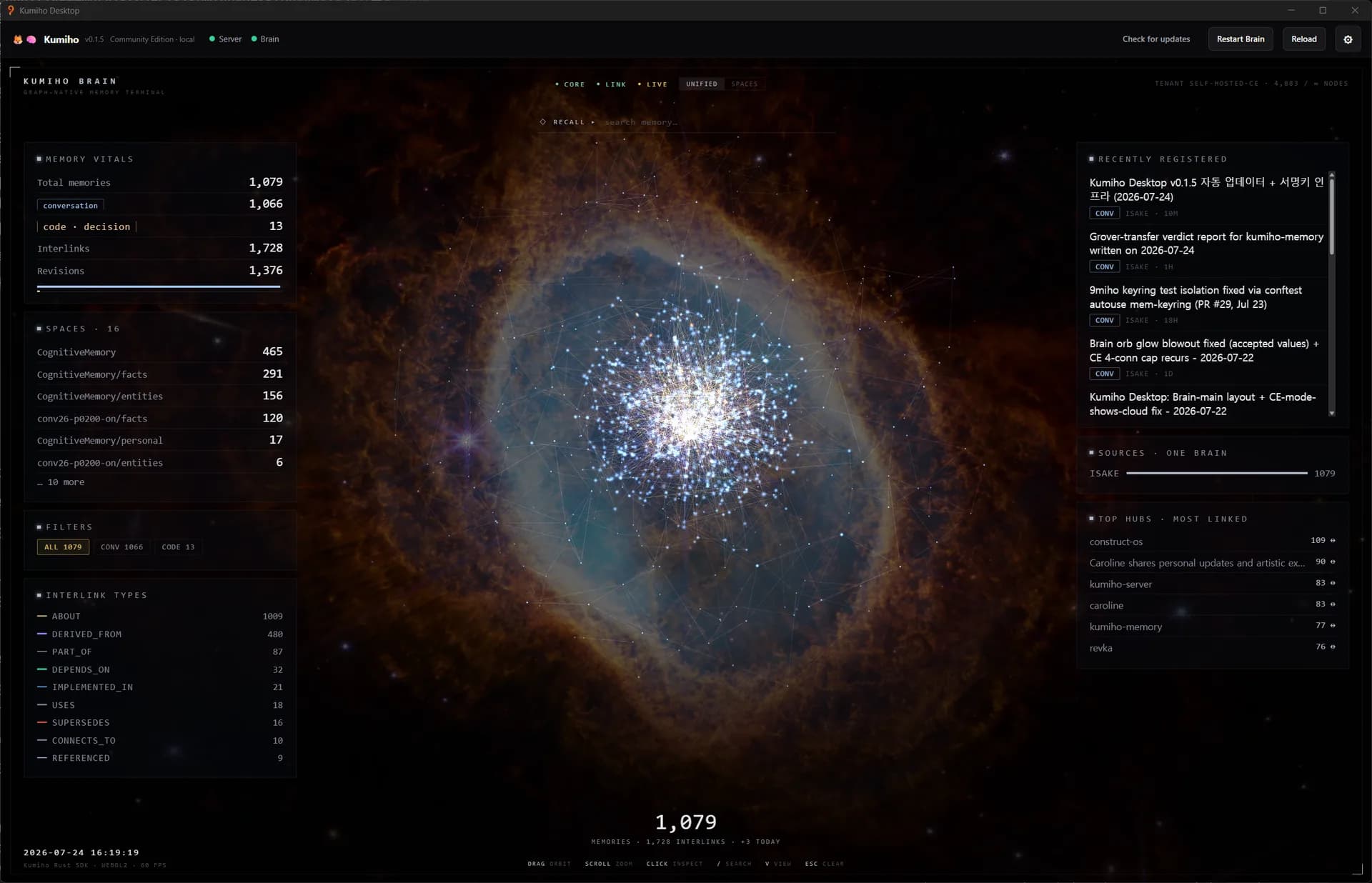 Kumiho Desktop — the cross-platform app open to the Kumiho Brain memory constellation: 1,079 typed memories, a live registration feed, server and brain status, running Community Edition locally